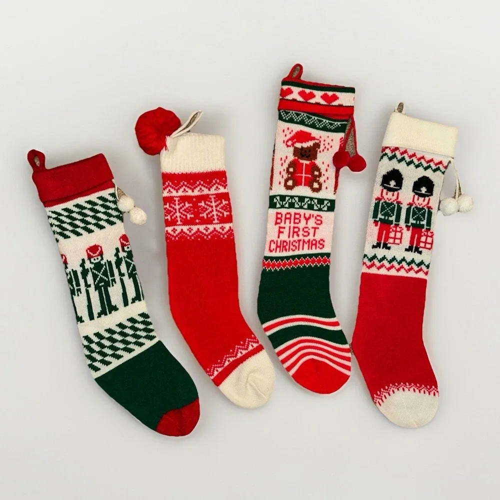 Vintage Knit Sweater‎ Style Christmas Stockings Lot of 4 Red Green White Kitschy